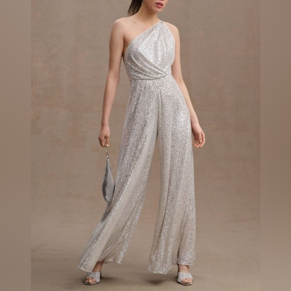 Anthropologie Zunilda Gutierrez Lincoln One-Shoulder Sequin Jumpsuit Silver